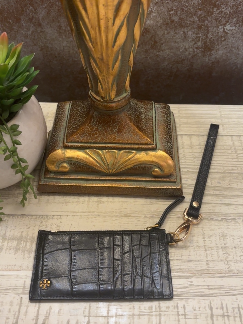 Tory Burch Black Croc-Embossed Leather Card Case with Wristlet Strap
